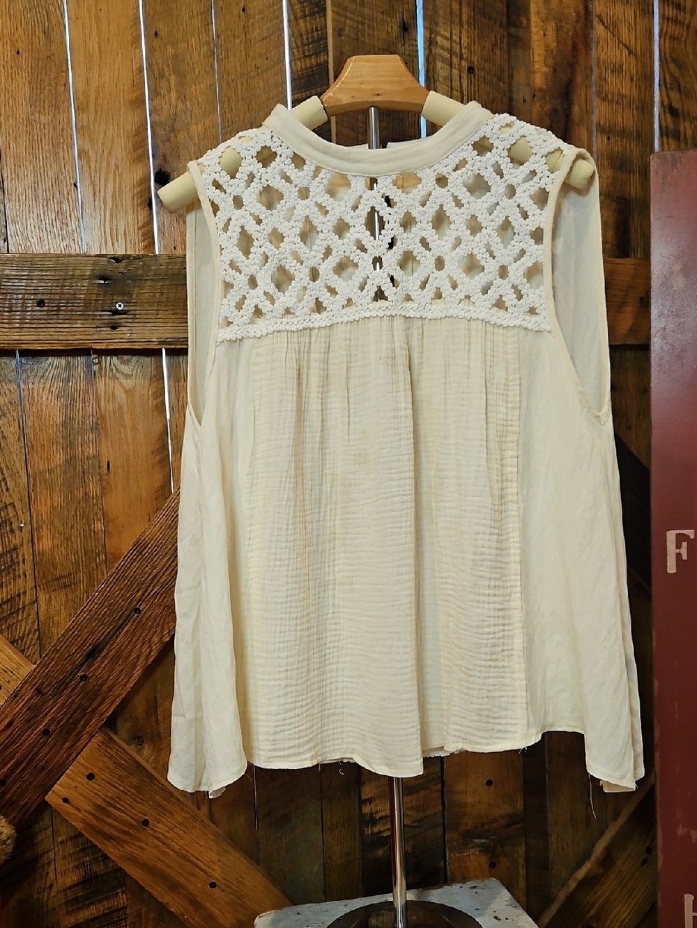 377 POL Cream Crochet-Yoke Sleeveless Blouse